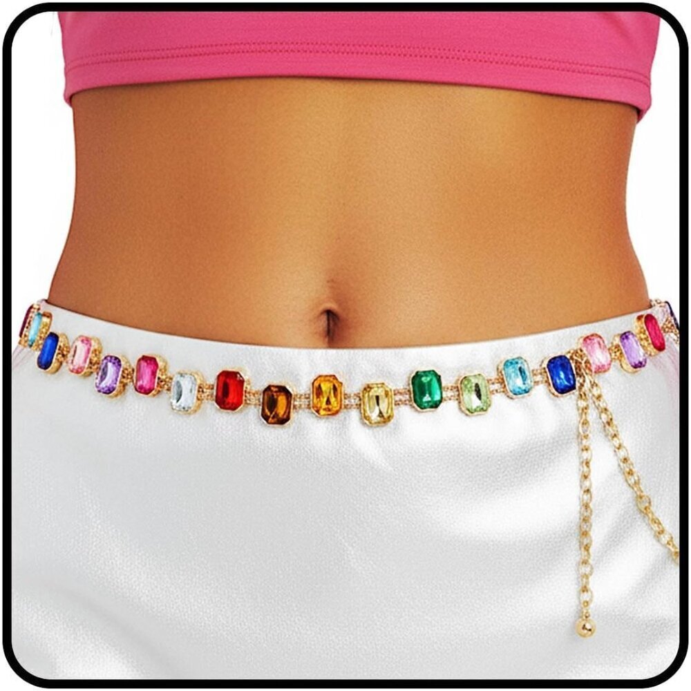 Rainbow Belt Chain Colorful Waist Chain Rhinestone Gold Jewelry for Women